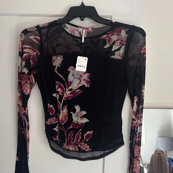 Free People Black Floral Mesh Blouse - Picture 1 of 3